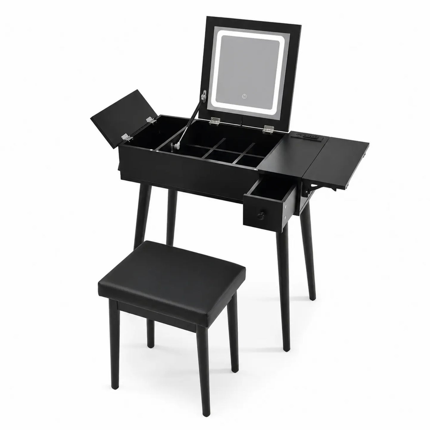 Coiffeuse noire en bois et simili cuir avec miroir LED 75x40x80 cm et tabouret