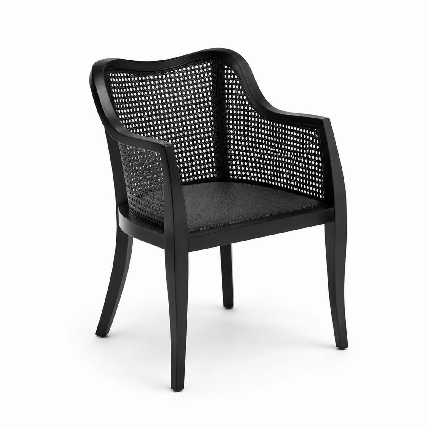 Chaise en bois avec dossier en rotin et assise en similicuir noir