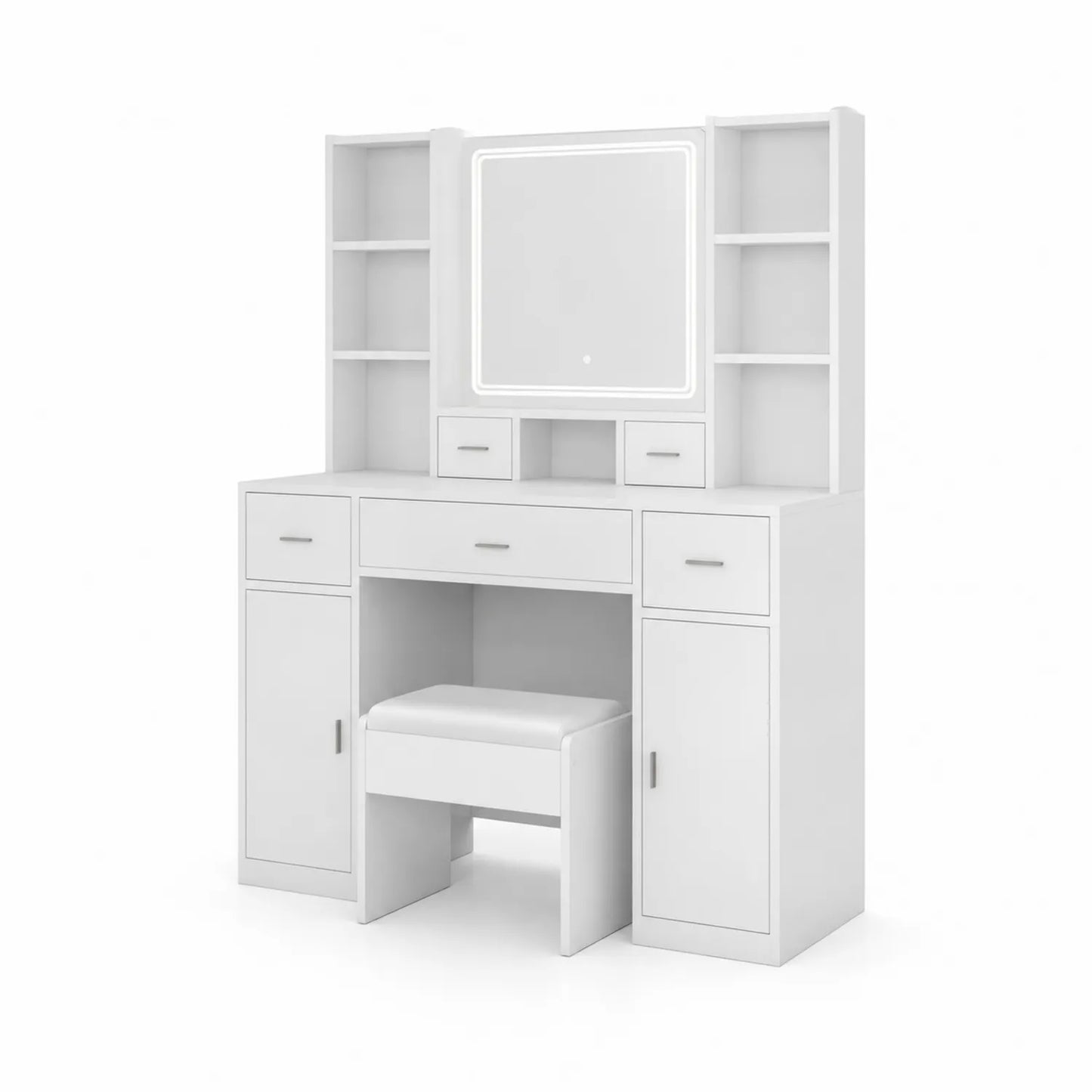 Coiffeuse en bois MDF avec miroir LED et tabouret - Blanc