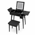 Coiffeuse noire en bois et simili cuir avec miroir LED 75x40x80 cm et tabouret