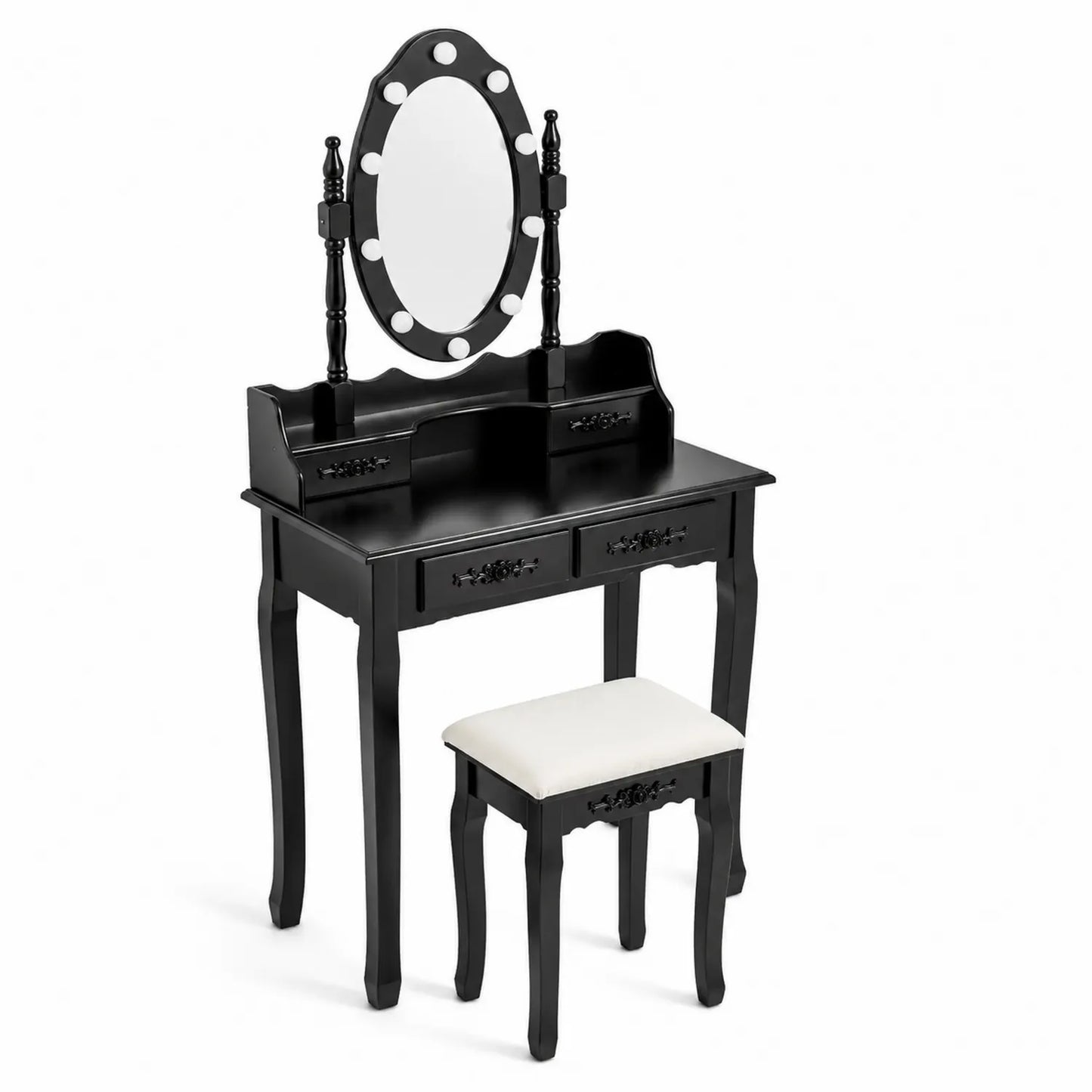 Coiffeuse en bois noir avec miroir ovale éclairé et tabouret rembourré