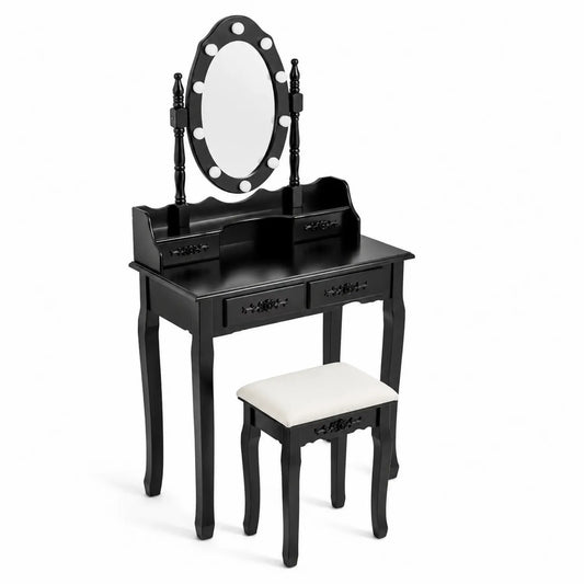 Coiffeuse en bois noir avec miroir ovale éclairé et tabouret rembourré