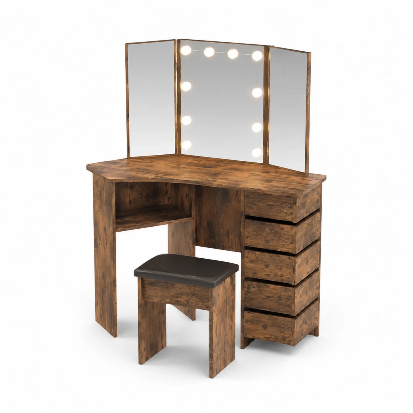 Coiffeuse en Bois avec Miroir LED et Tabouret Marron