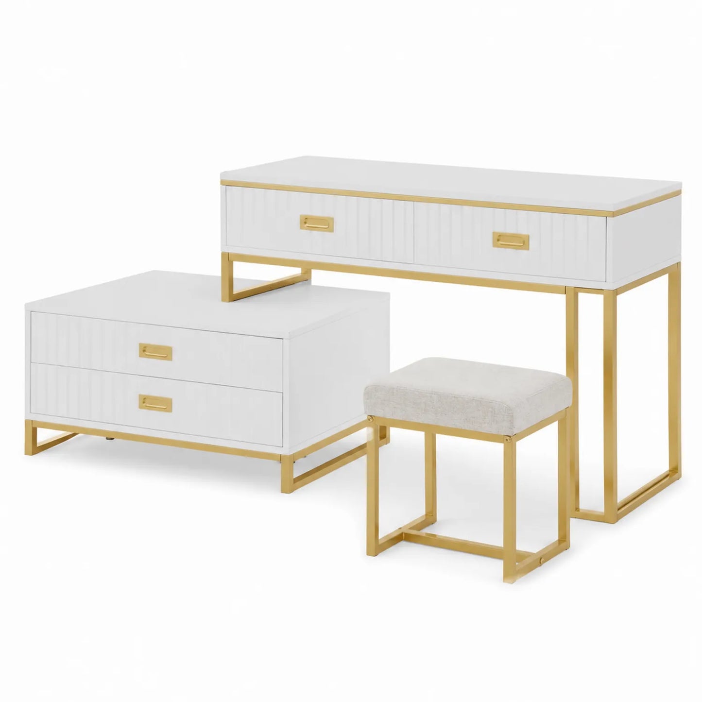 Ensemble de Coiffeuse, Tabouret et Table de Chevet Blanc et Doré