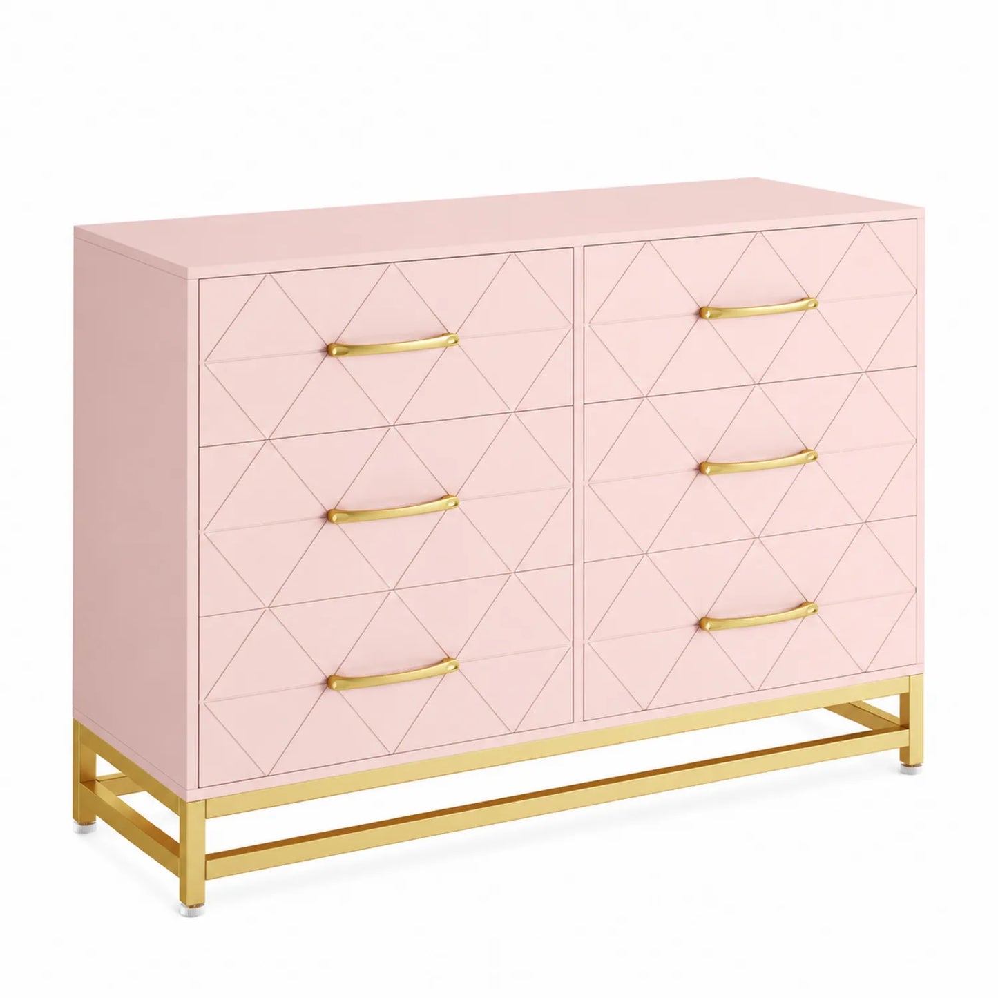 Commode 6 tiroirs en MDF laqué rose et métal doré
