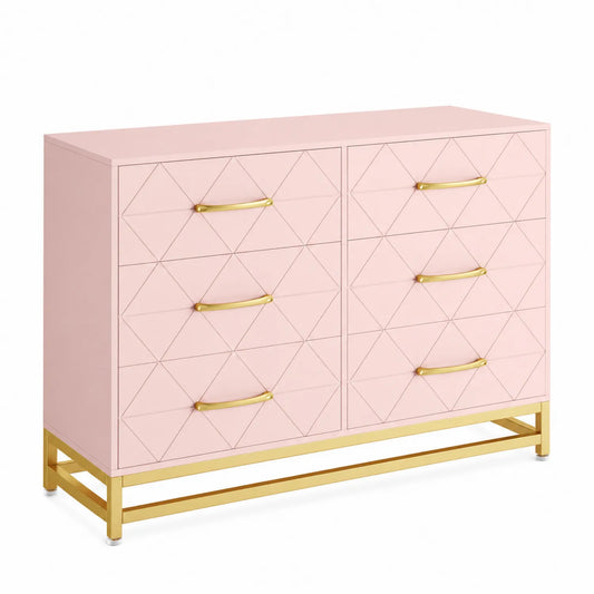Commode 6 tiroirs en MDF laqué rose et métal doré
