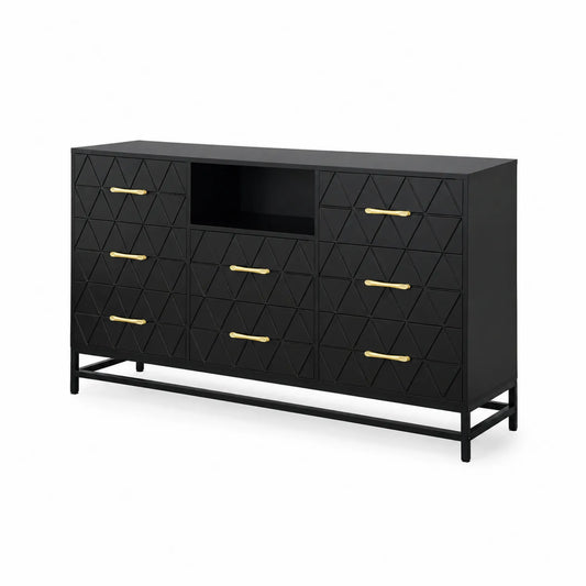 Commode en bois noire avec tiroirs et étagère centrale